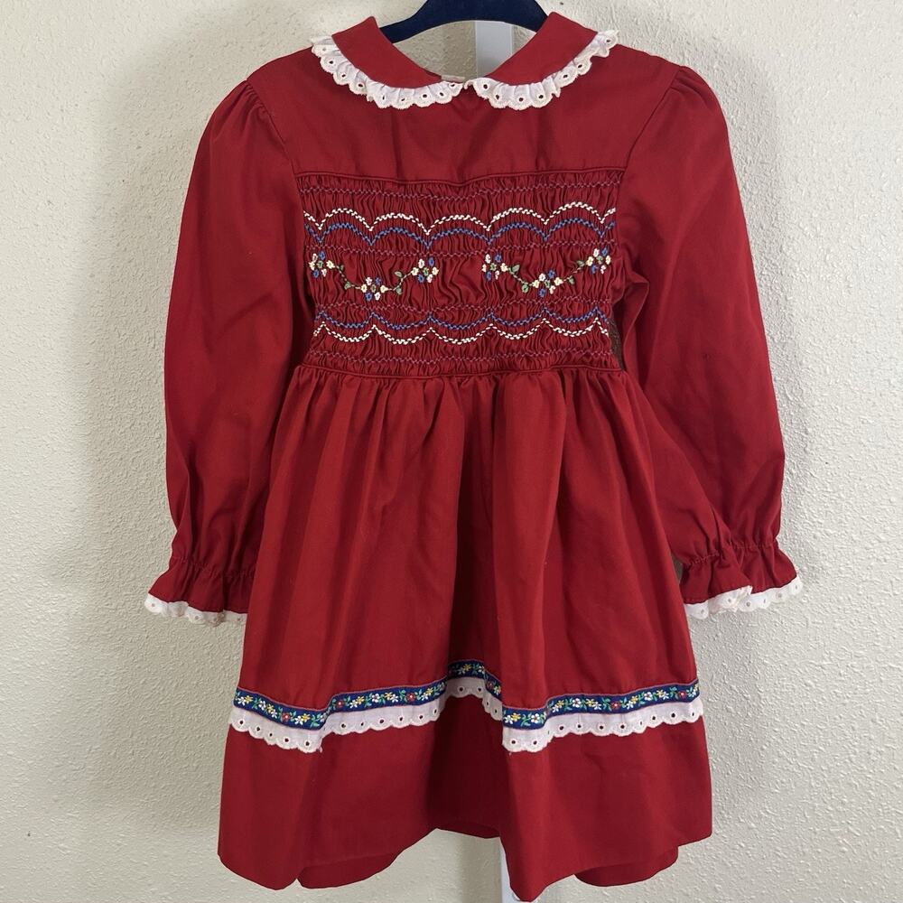 Polly Flinders Vintage 1970s Hand Smocked Embroidered Dress Girls 4 Red Prairie